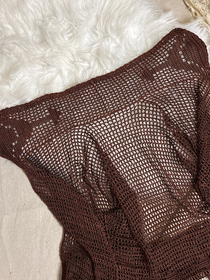 Vintage 1920's - 1930's Duster - Deep Mocha Brown Rayon Crochet with Arrow Pattern & Fringe Hem | XS, S, M