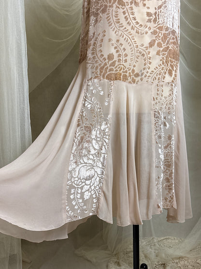 Antique 1920's Dress - Pale Mauve Pink Silk Devoré Velvet With Chiffon Gores | S, M