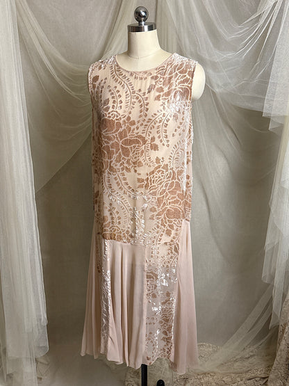 Antique 1920's Dress - Pale Mauve Pink Silk Devoré Velvet With Chiffon Gores | S, M