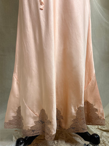 Vintage 1930's Nightgown - Rich Rose Pink Silk Satin with Warm Nude Lace Appliqués | M, LG