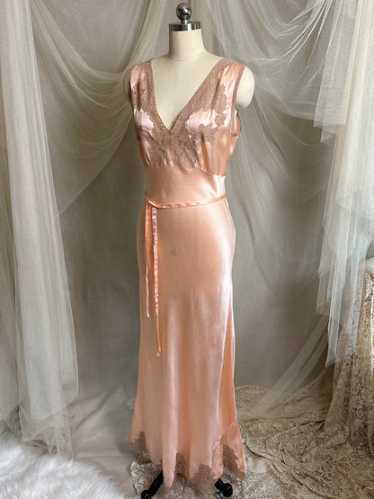 Vintage 1930's Nightgown - Rich Rose Pink Silk Satin with Warm Nude Lace Appliqués | M, LG