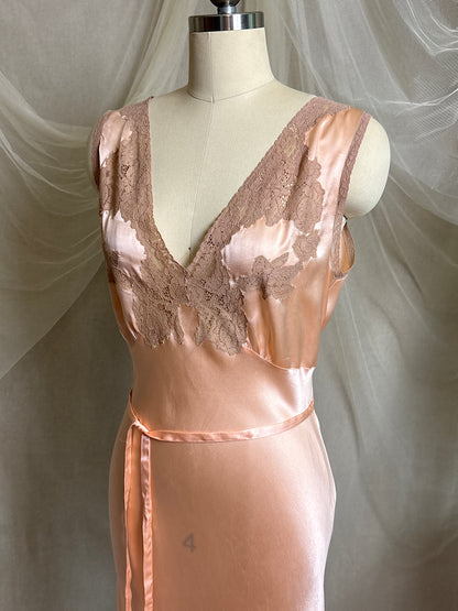 Vintage 1930's Nightgown - Rich Rose Pink Silk Satin with Warm Nude Lace Appliqués | M, LG