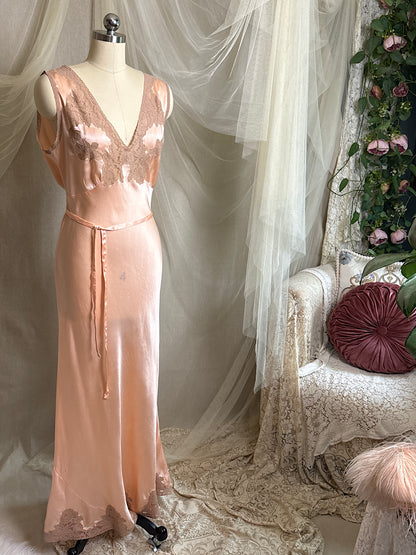 Vintage 1930's Nightgown - Rich Rose Pink Silk Satin with Warm Nude Lace Appliqués | M, LG