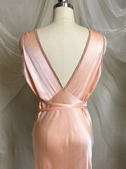 Vintage 1930's Nightgown - Rich Rose Pink Silk Satin with Warm Nude Lace Appliqués | M, LG