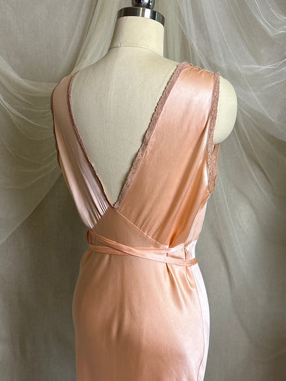 Vintage 1930's Nightgown - Rich Rose Pink Silk Satin with Warm Nude Lace Appliqués | M, LG