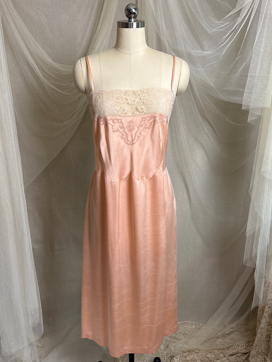 Antique 1920's Slip - Hand Stitched Coral Pink Silk Satin with Monogram Embroidery & Lace | LG, XL