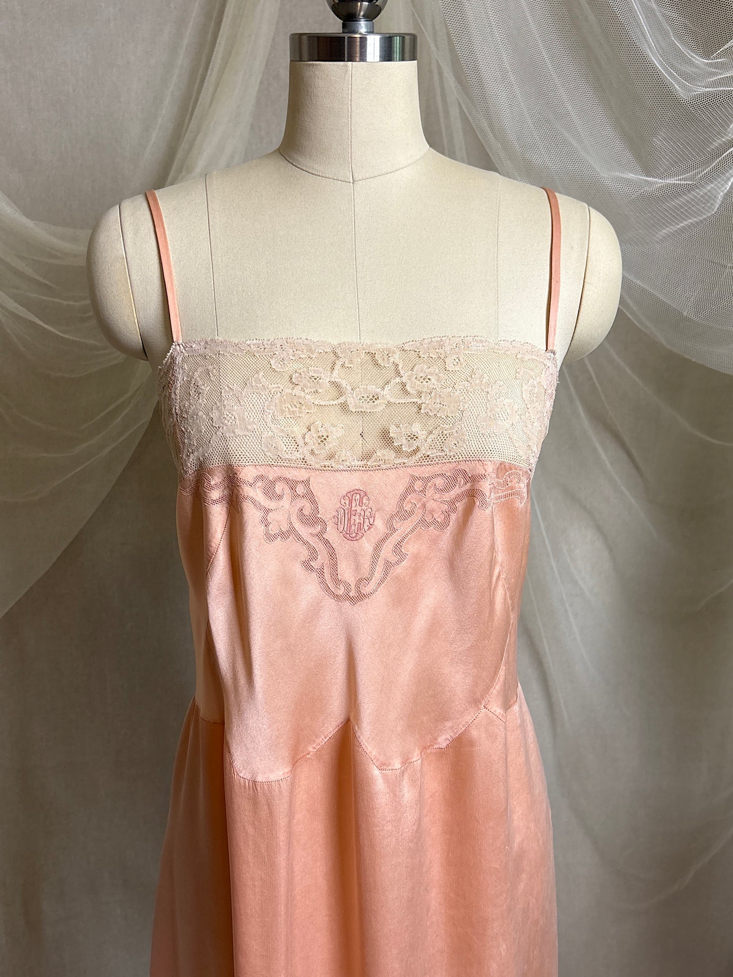 Antique 1920's Slip - Hand Stitched Coral Pink Silk Satin with Monogram Embroidery & Lace | LG, XL