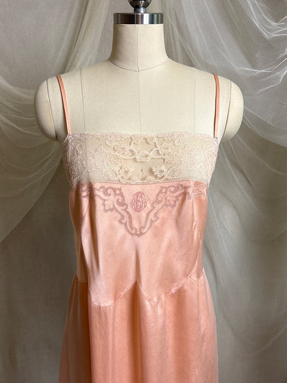 Antique 1920's Slip - Hand Stitched Coral Pink Silk Satin with Monogram Embroidery & Lace | LG, XL