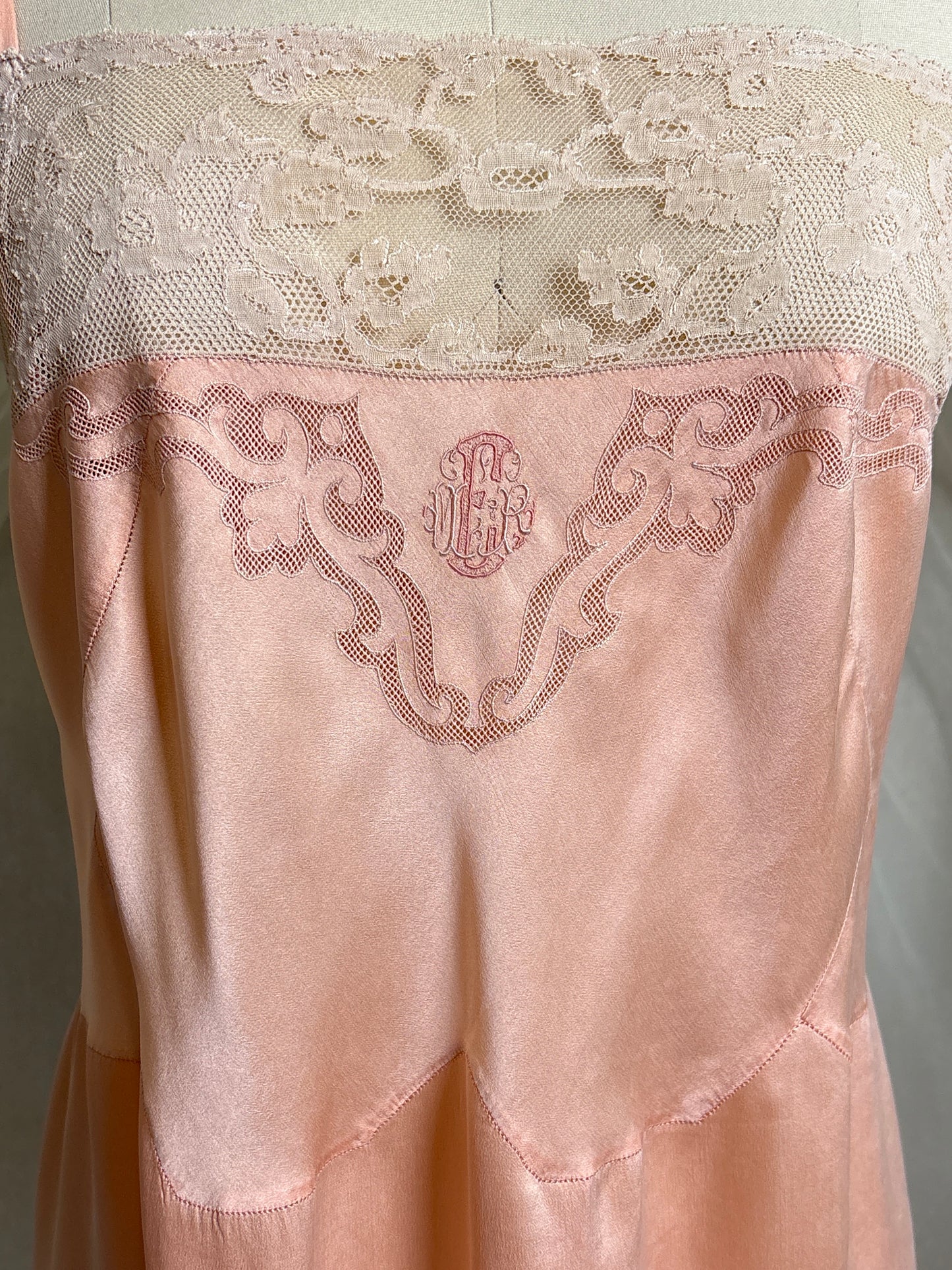 Antique 1920's Slip - Hand Stitched Coral Pink Silk Satin with Monogram Embroidery & Lace | LG, XL