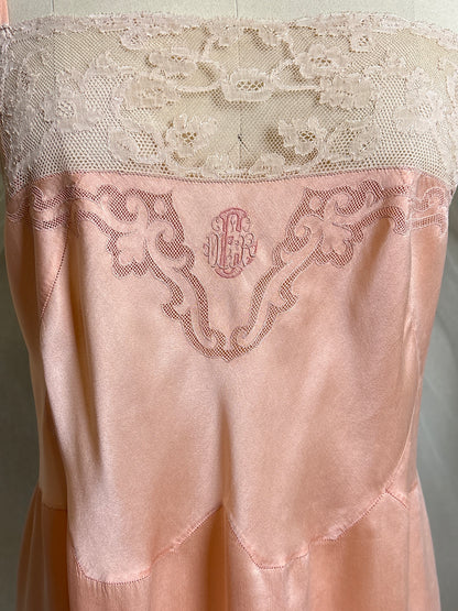 Antique 1920's Slip - Hand Stitched Coral Pink Silk Satin with Monogram Embroidery & Lace | LG, XL