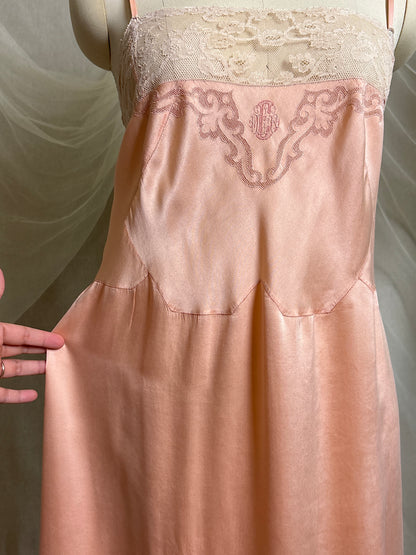 Antique 1920's Slip - Hand Stitched Coral Pink Silk Satin with Monogram Embroidery & Lace | LG, XL