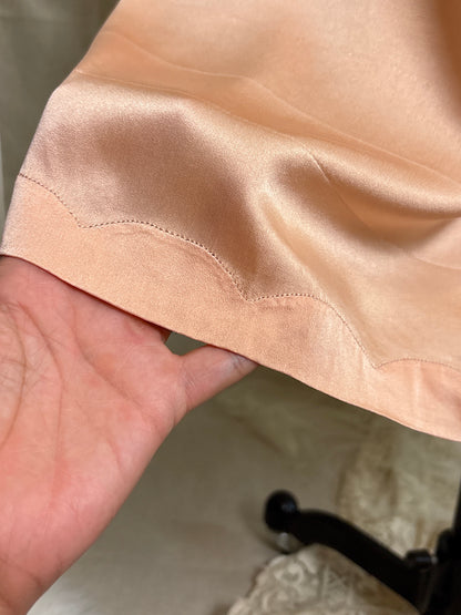 Antique 1920's Slip - Hand Stitched Coral Pink Silk Satin with Monogram Embroidery & Lace | LG, XL