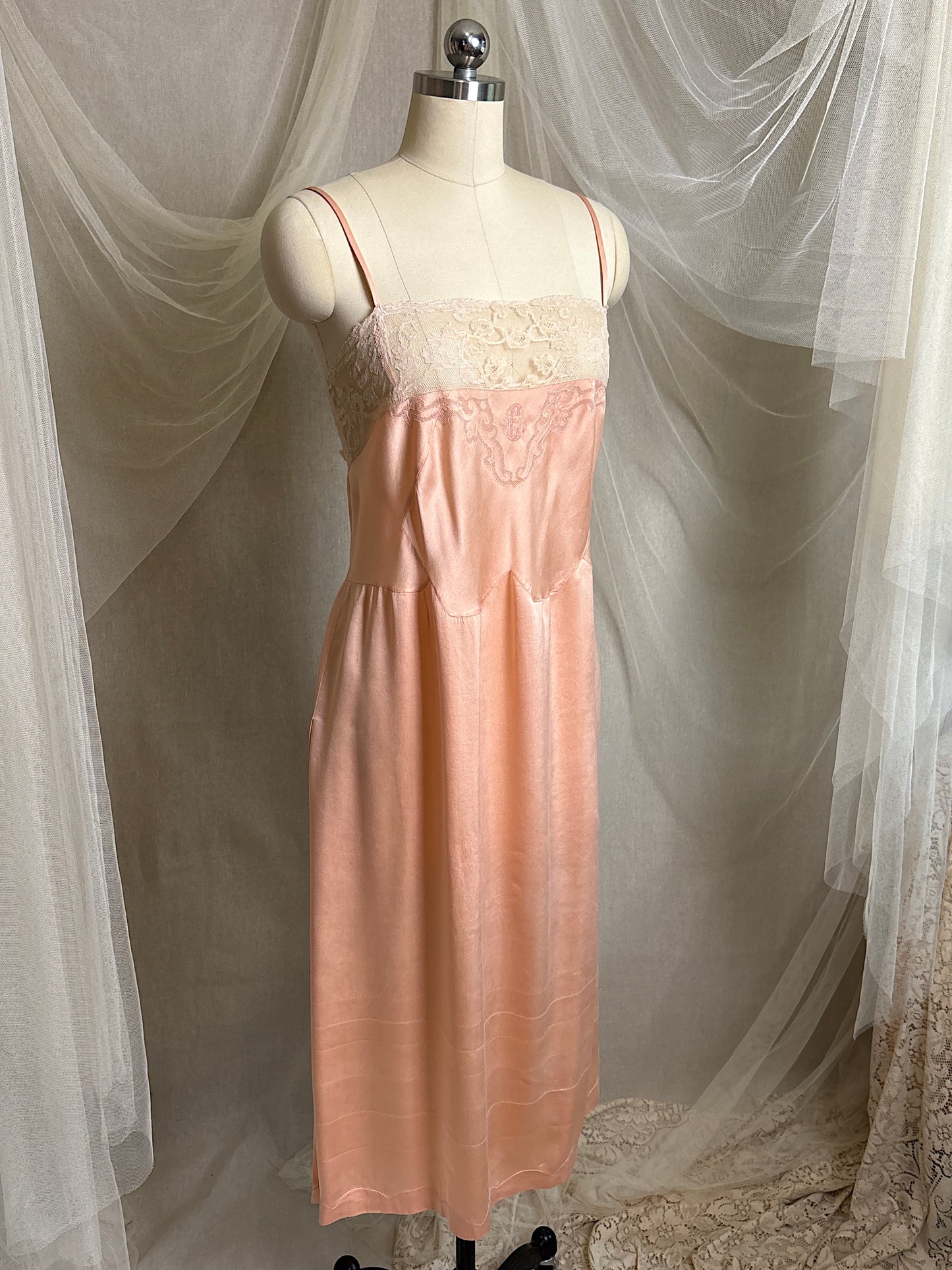Antique 1920's Slip - Hand Stitched Coral Pink Silk Satin with Monogram Embroidery & Lace | LG, XL