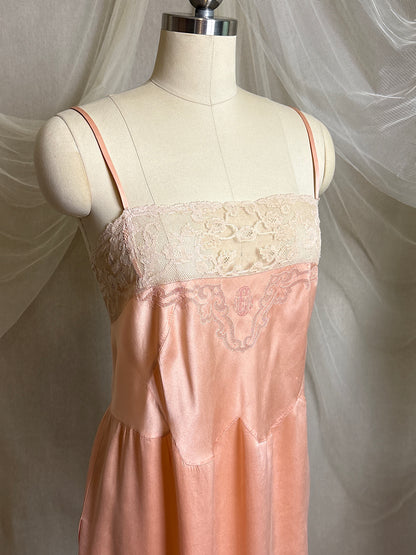Antique 1920's Slip - Hand Stitched Coral Pink Silk Satin with Monogram Embroidery & Lace | LG, XL