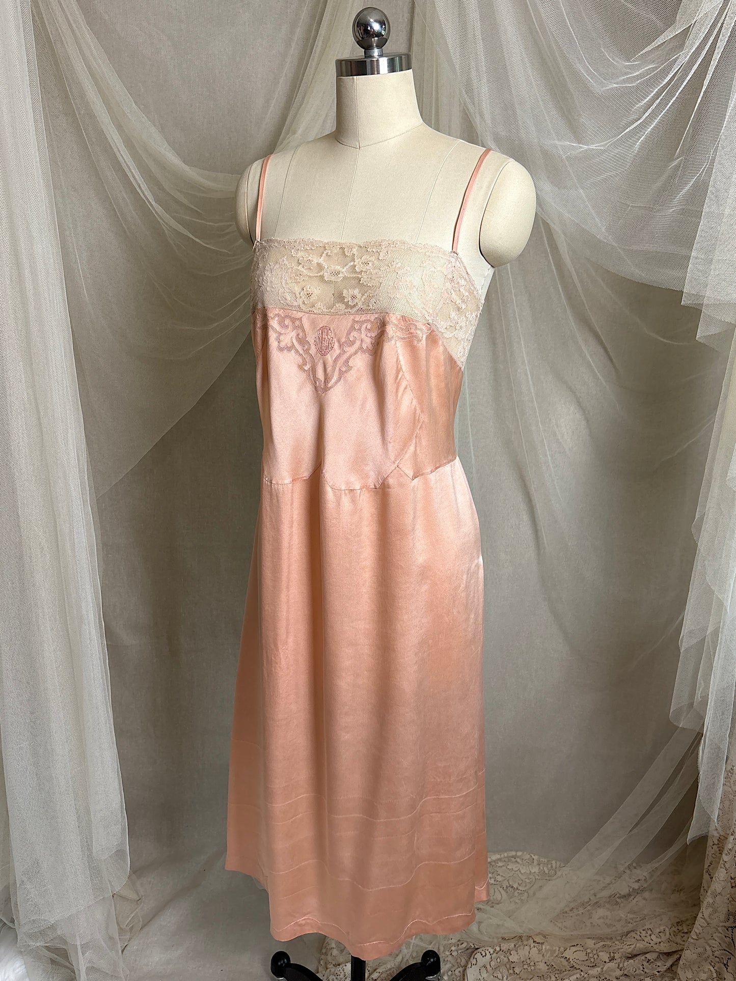 Antique 1920's Slip - Hand Stitched Coral Pink Silk Satin with Monogram Embroidery & Lace | LG, XL