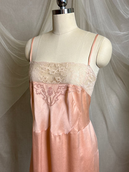 Antique 1920's Slip - Hand Stitched Coral Pink Silk Satin with Monogram Embroidery & Lace | LG, XL