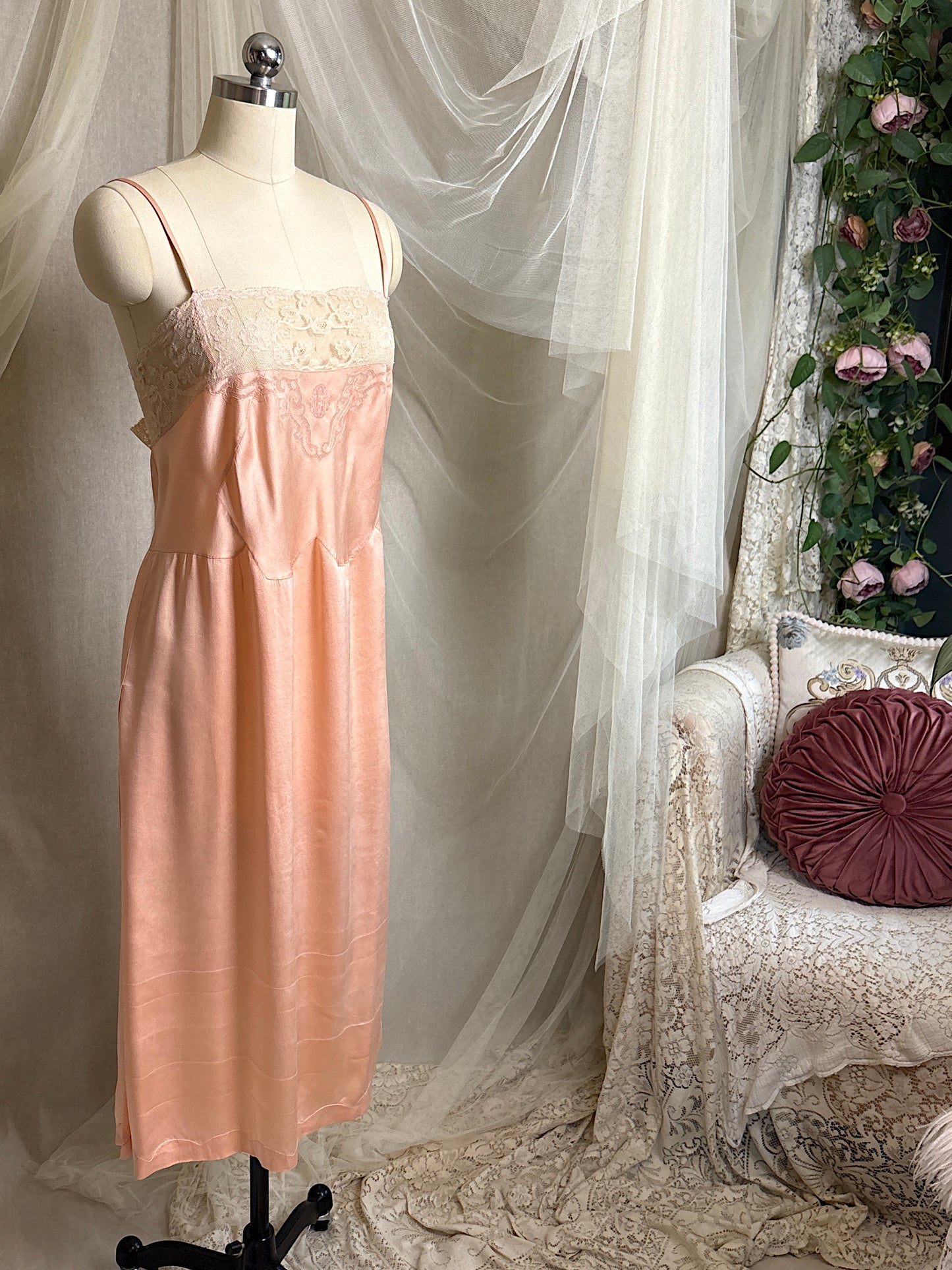 Antique 1920's Slip - Hand Stitched Coral Pink Silk Satin with Monogram Embroidery & Lace | LG, XL