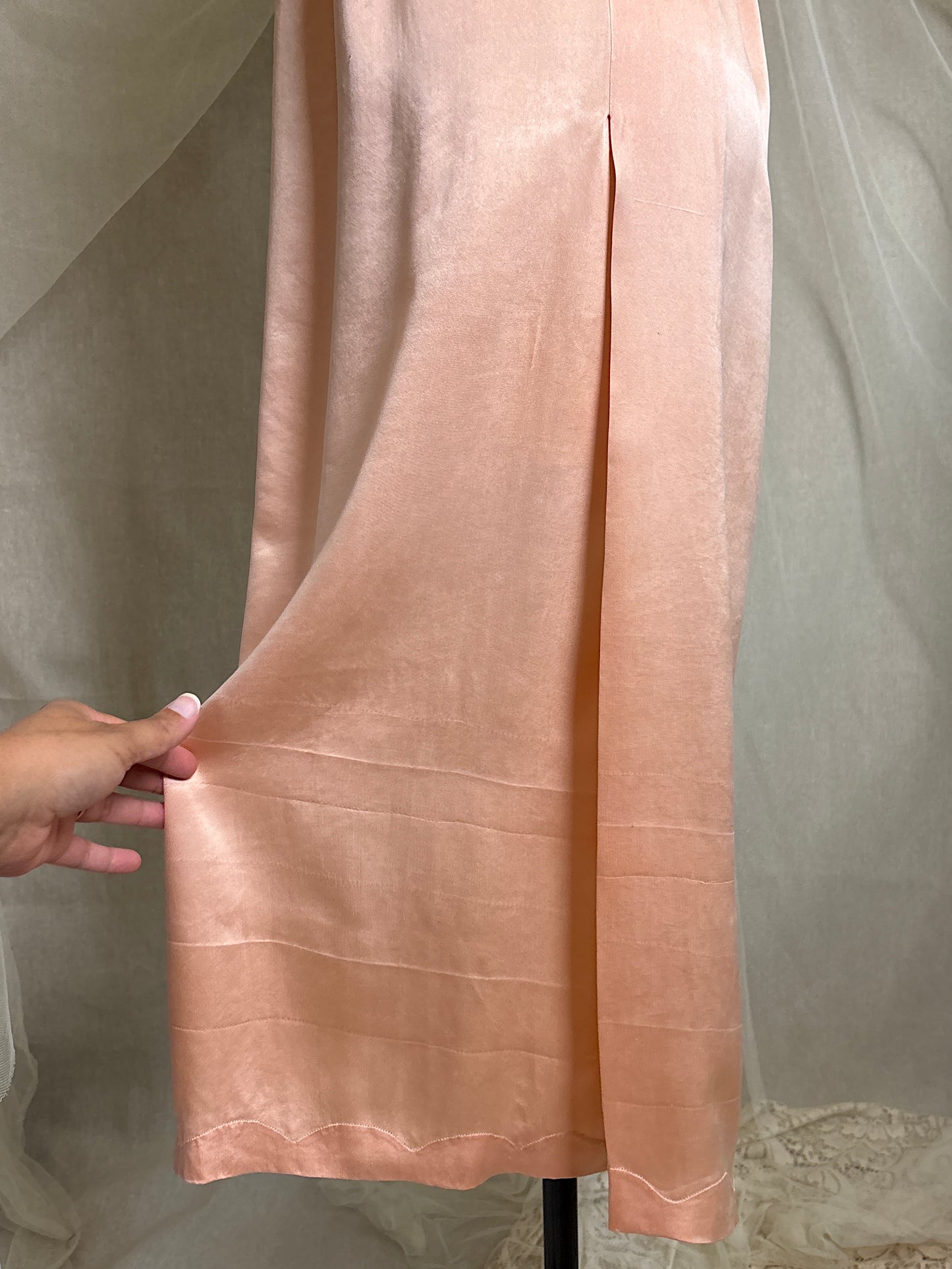 Antique 1920's Slip - Hand Stitched Coral Pink Silk Satin with Monogram Embroidery & Lace | LG, XL