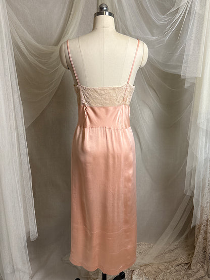 Antique 1920's Slip - Hand Stitched Coral Pink Silk Satin with Monogram Embroidery & Lace | LG, XL