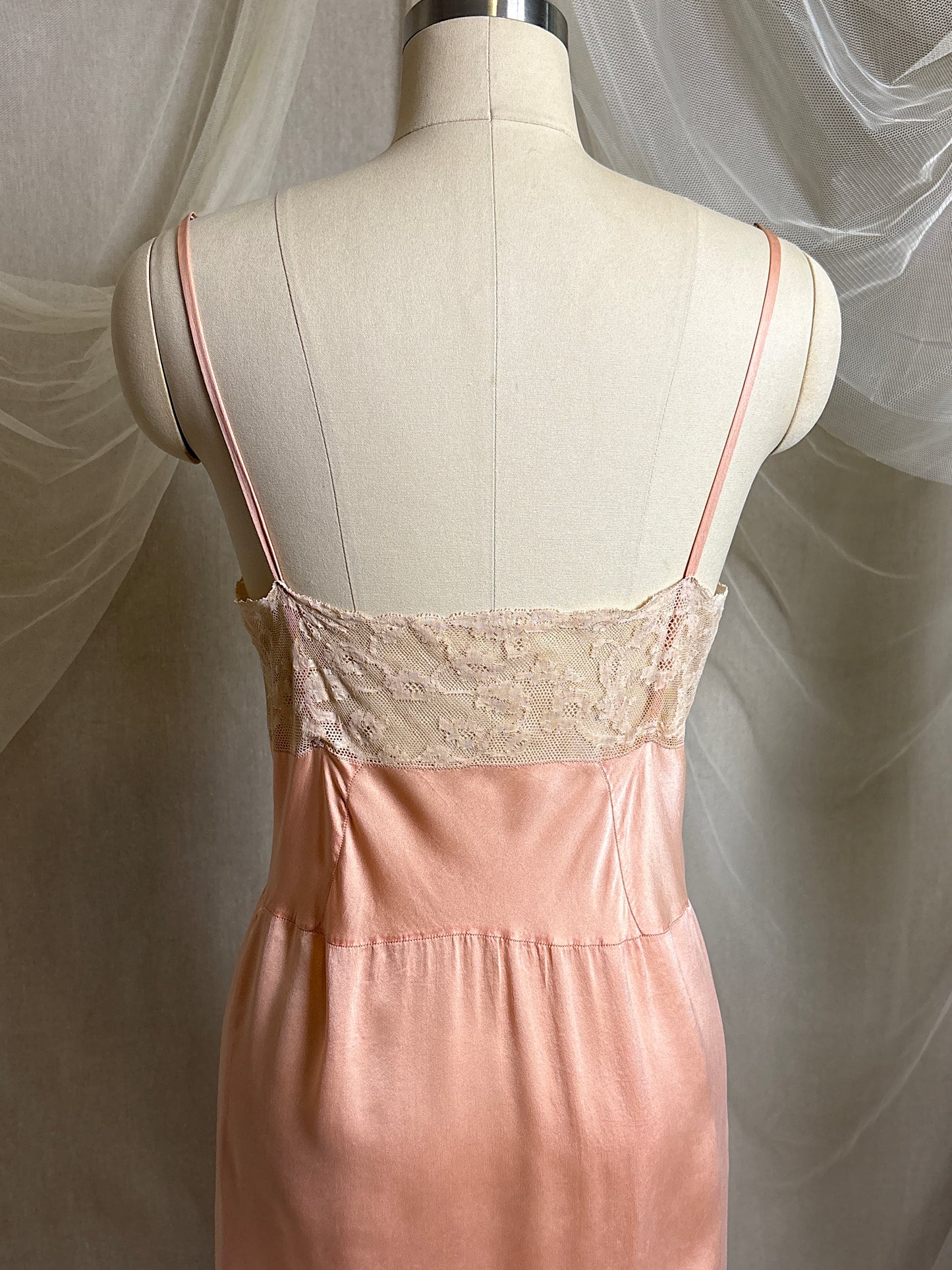 Antique 1920's Slip - Hand Stitched Coral Pink Silk Satin with Monogram Embroidery & Lace | LG, XL