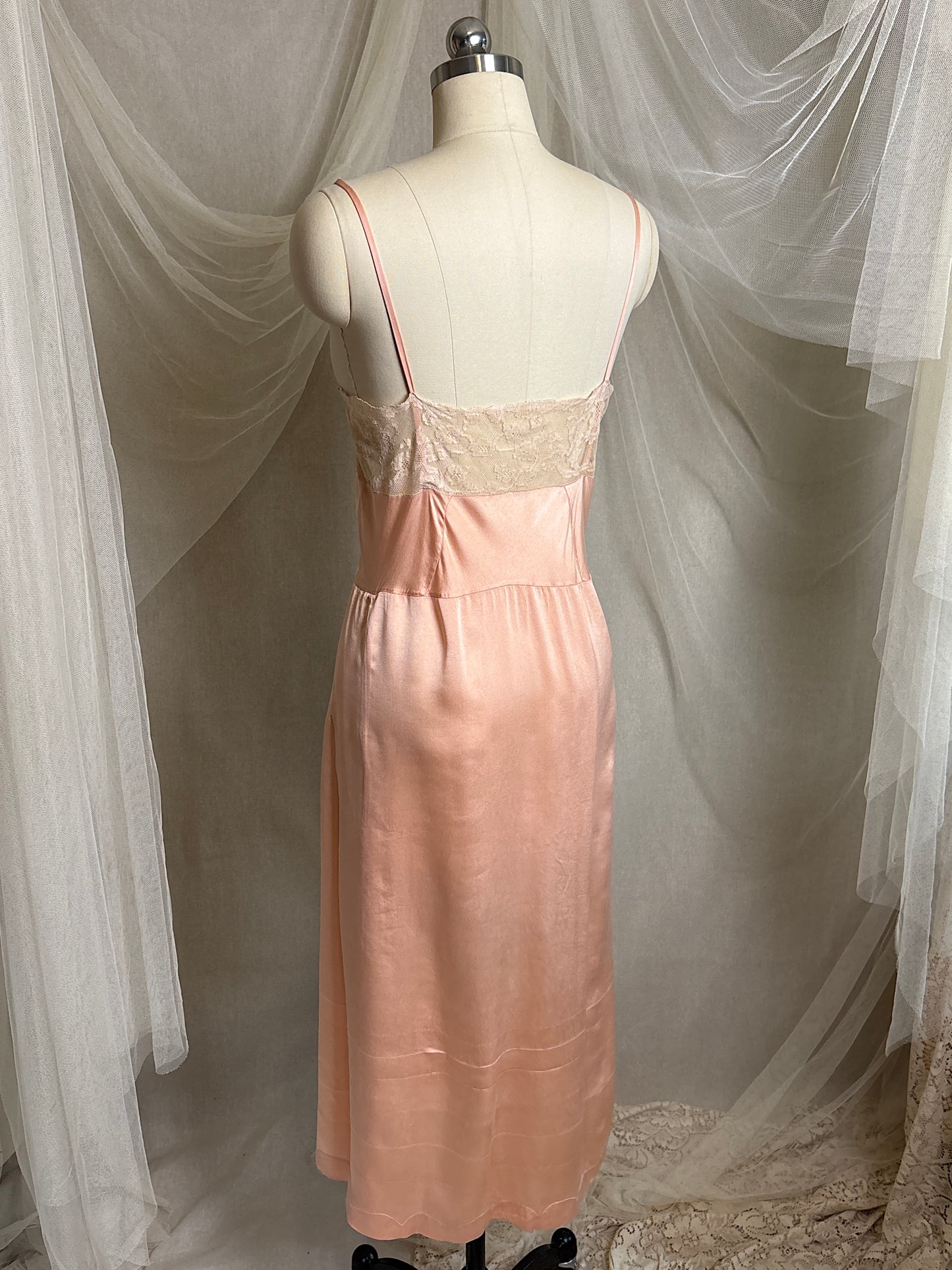 Antique 1920's Slip - Hand Stitched Coral Pink Silk Satin with Monogram Embroidery & Lace | LG, XL