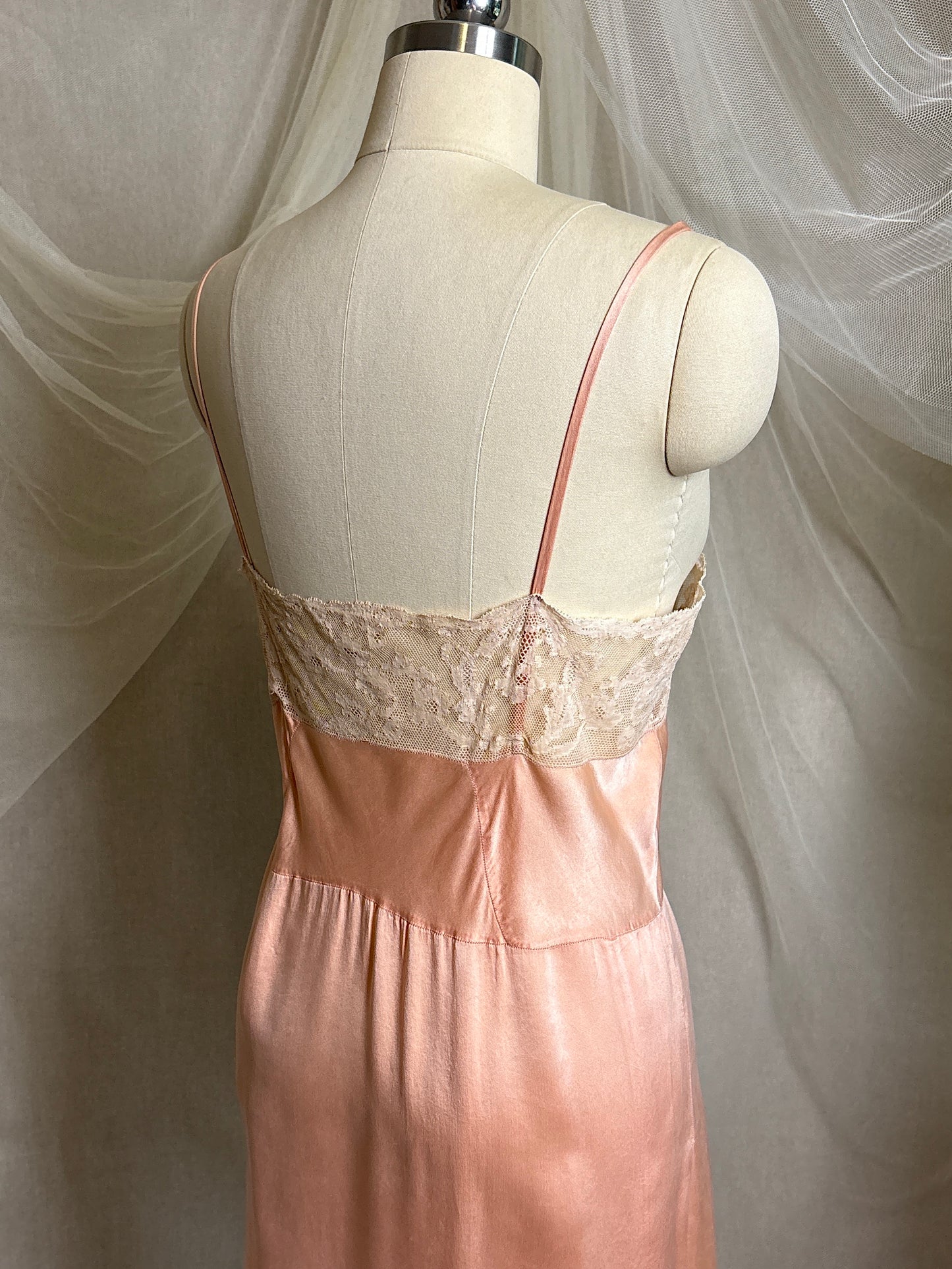 Antique 1920's Slip - Hand Stitched Coral Pink Silk Satin with Monogram Embroidery & Lace | LG, XL