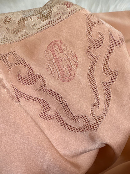 Antique 1920's Slip - Hand Stitched Coral Pink Silk Satin with Monogram Embroidery & Lace | LG, XL