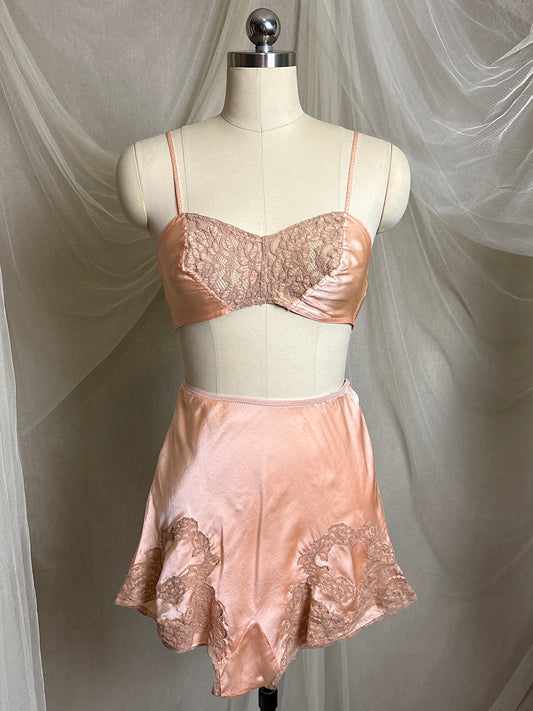 Vintage 1930's Bralette & Tap Pants Dance Set - Rich Peach Silk Satin with Warm Taupe Lace  | S