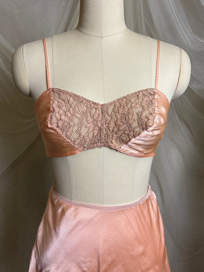 Vintage 1930's Bralette & Tap Pants Dance Set - Rich Peach Silk Satin with Warm Taupe Lace  | S