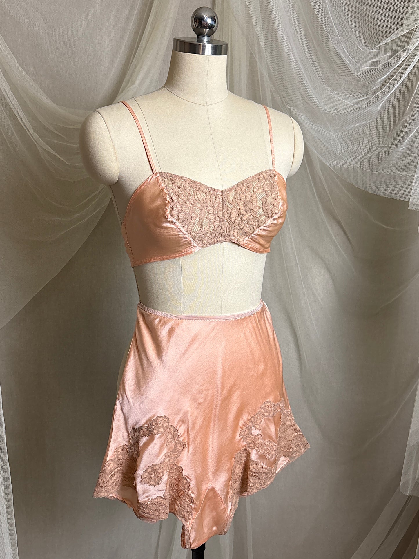 Vintage 1930's Bralette & Tap Pants Dance Set - Rich Peach Silk Satin with Warm Taupe Lace  | S