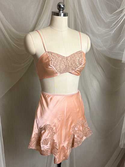 Vintage 1930's Bralette & Tap Pants Dance Set - Rich Peach Silk Satin with Warm Taupe Lace  | S
