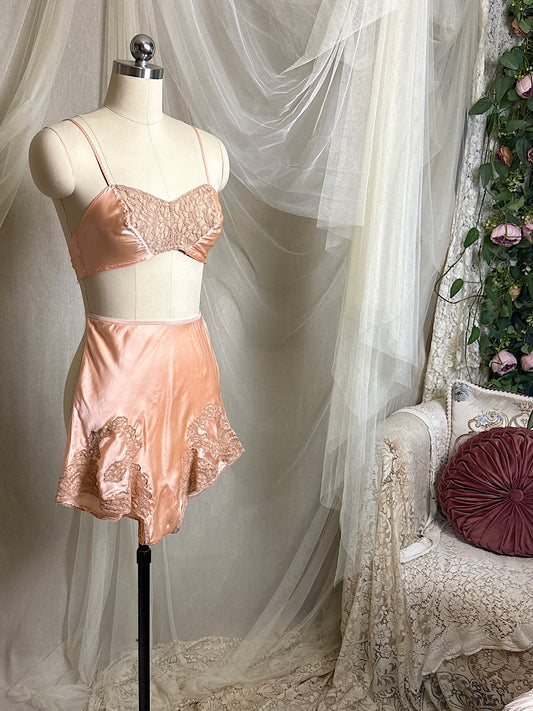 Vintage 1930's Bralette & Tap Pants Dance Set - Rich Peach Silk Satin with Warm Taupe Lace  | S