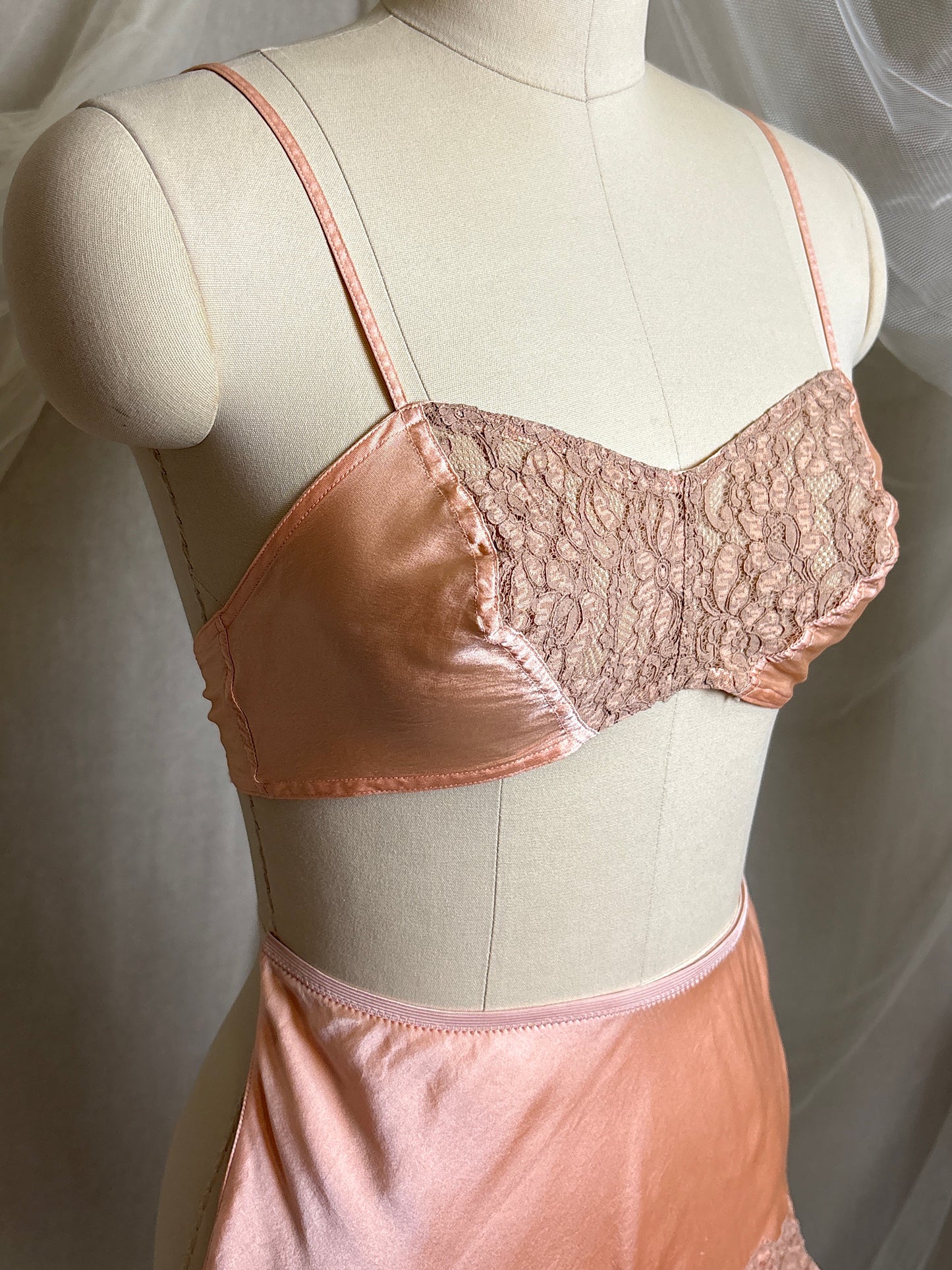 Vintage 1930's Bralette & Tap Pants Dance Set - Rich Peach Silk Satin with Warm Taupe Lace  | S