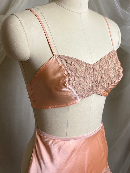 Vintage 1930's Bralette & Tap Pants Dance Set - Rich Peach Silk Satin with Warm Taupe Lace  | S