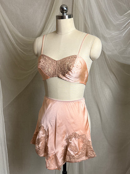 Vintage 1930's Bralette & Tap Pants Dance Set - Rich Peach Silk Satin with Warm Taupe Lace  | S