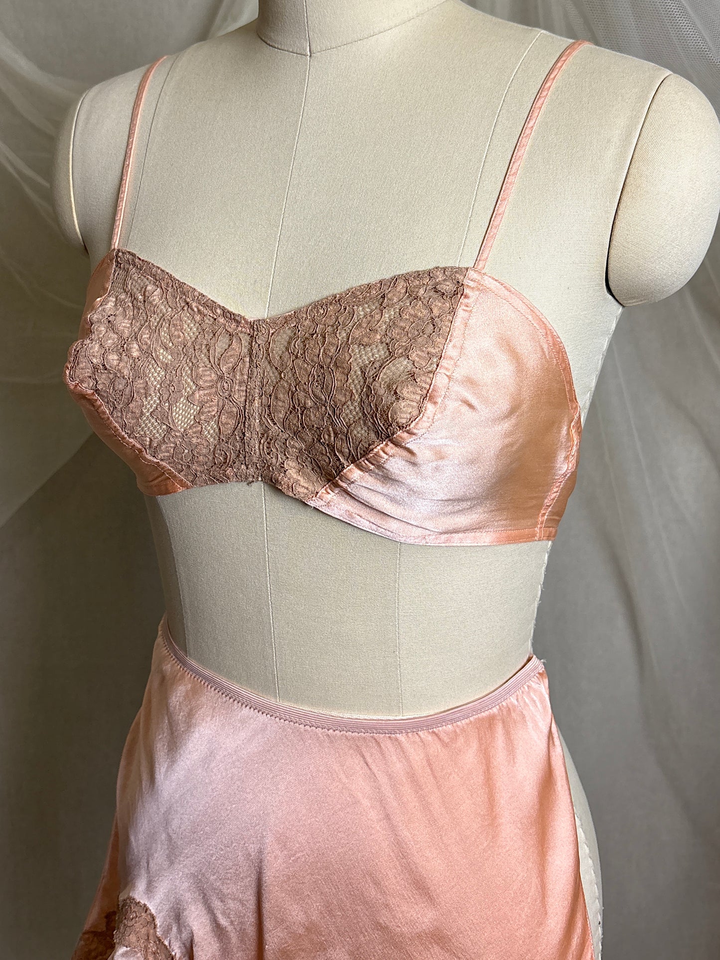 Vintage 1930's Bralette & Tap Pants Dance Set - Rich Peach Silk Satin with Warm Taupe Lace  | S