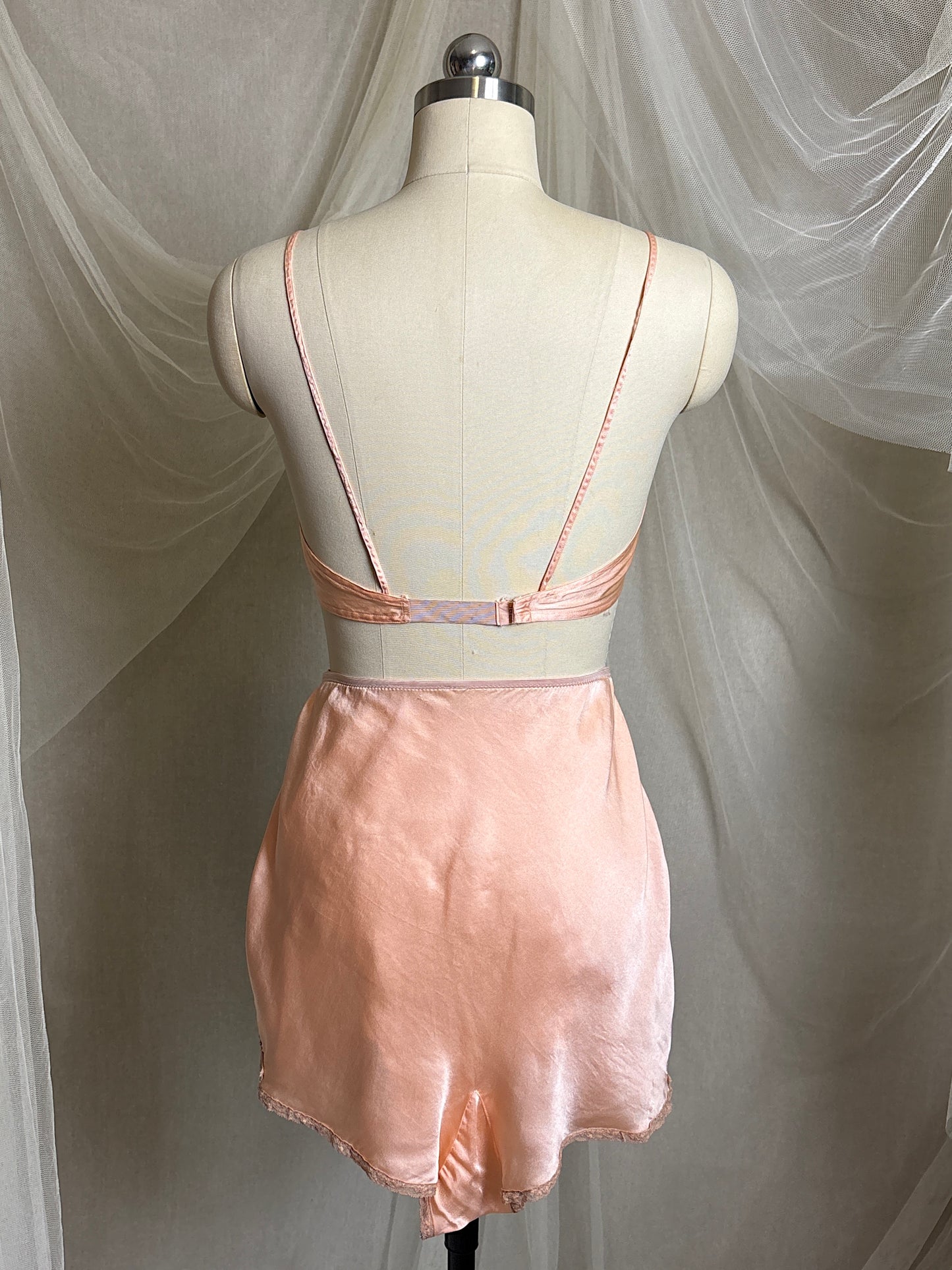 Vintage 1930's Bralette & Tap Pants Dance Set - Rich Peach Silk Satin with Warm Taupe Lace  | S
