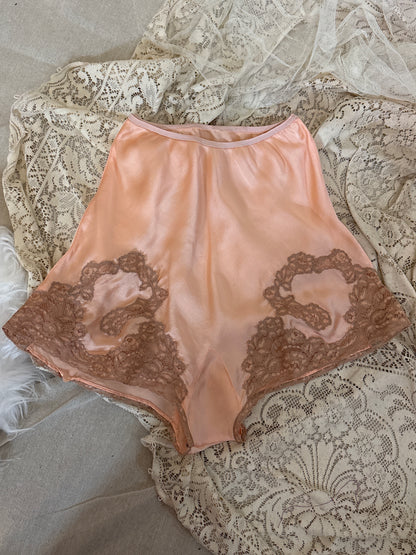 Vintage 1930's Bralette & Tap Pants Dance Set - Rich Peach Silk Satin with Warm Taupe Lace  | S