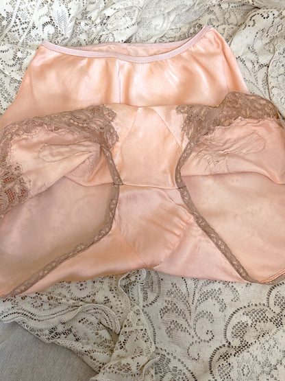 Vintage 1930's Bralette & Tap Pants Dance Set - Rich Peach Silk Satin with Warm Taupe Lace  | S
