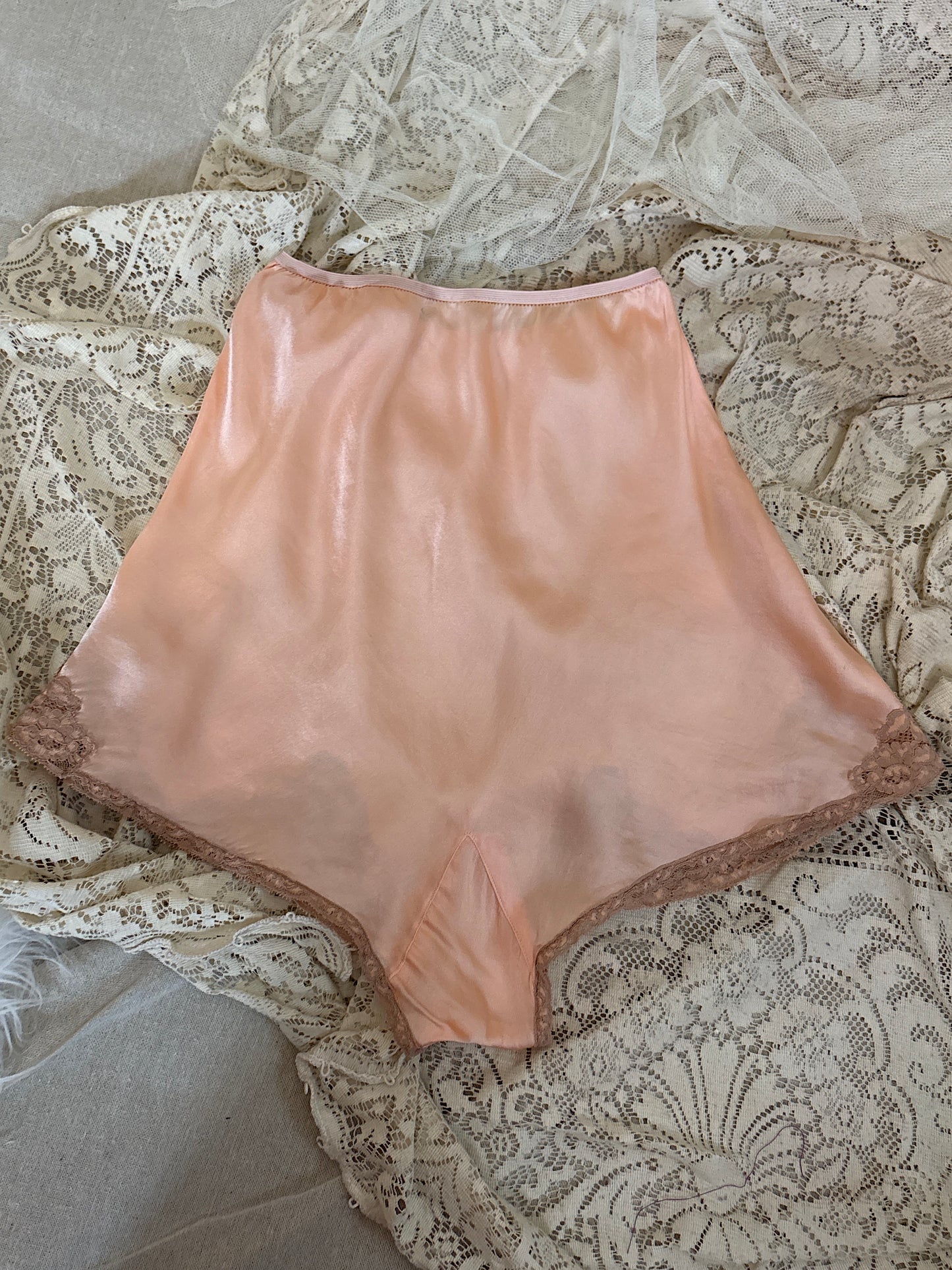 Vintage 1930's Bralette & Tap Pants Dance Set - Rich Peach Silk Satin with Warm Taupe Lace  | S