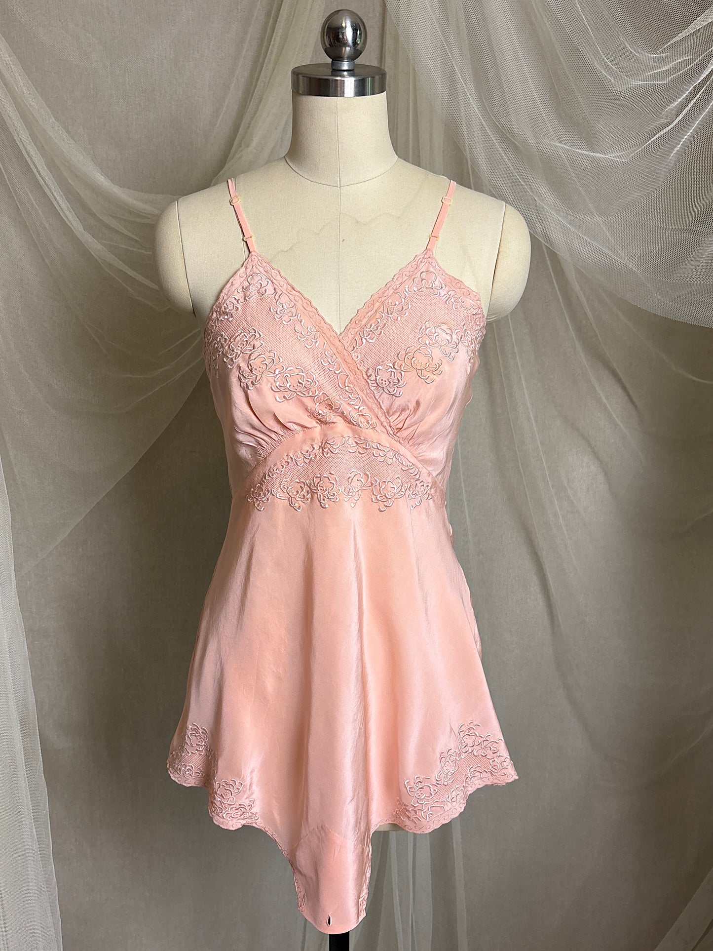 Vintage 1930's Teddy Chemise - Hand Stitched Blush Pink Silk with Raised Floral Embroidery by HWA Sun | XS