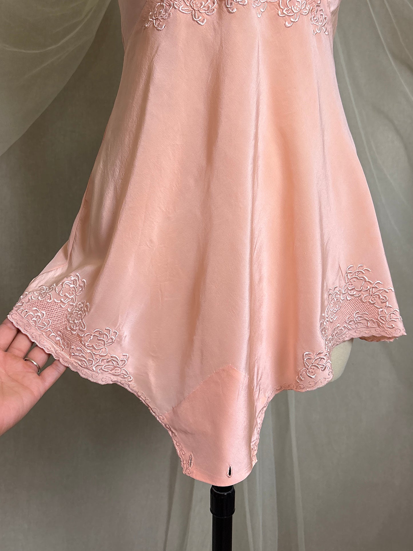 Vintage 1930's Teddy Chemise - Hand Stitched Blush Pink Silk with Raised Floral Embroidery by HWA Sun | XS
