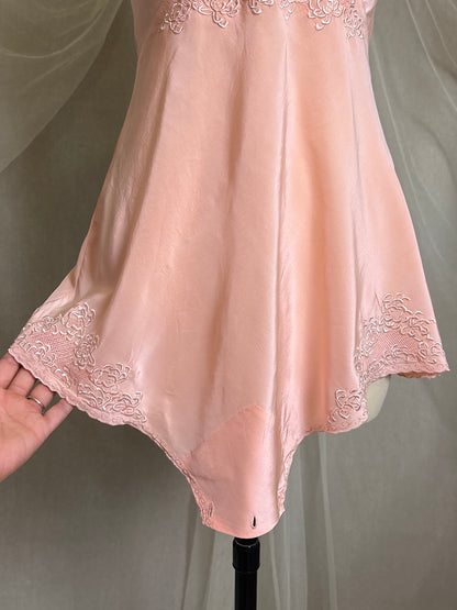 Vintage 1930's Teddy Chemise - Hand Stitched Blush Pink Silk with Raised Floral Embroidery by HWA Sun | XS