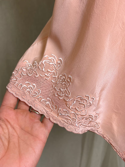 Vintage 1930's Teddy Chemise - Hand Stitched Blush Pink Silk with Raised Floral Embroidery by HWA Sun | XS
