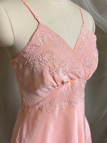 Vintage 1930's Teddy Chemise - Hand Stitched Blush Pink Silk with Raised Floral Embroidery by HWA Sun | XS