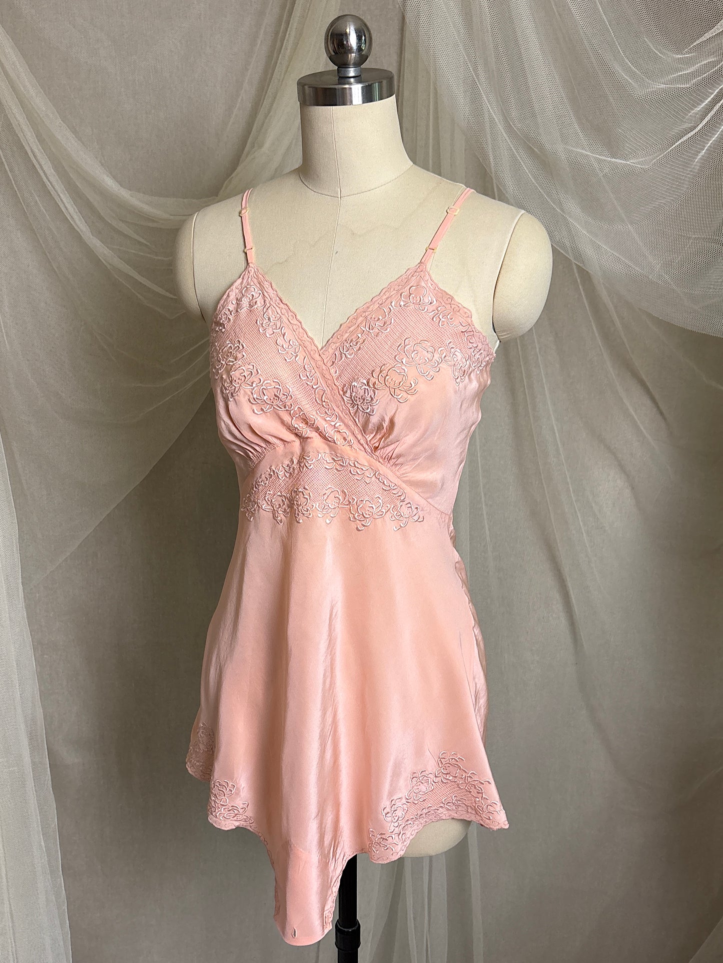 Vintage 1930's Teddy Chemise - Hand Stitched Blush Pink Silk with Raised Floral Embroidery by HWA Sun | XS