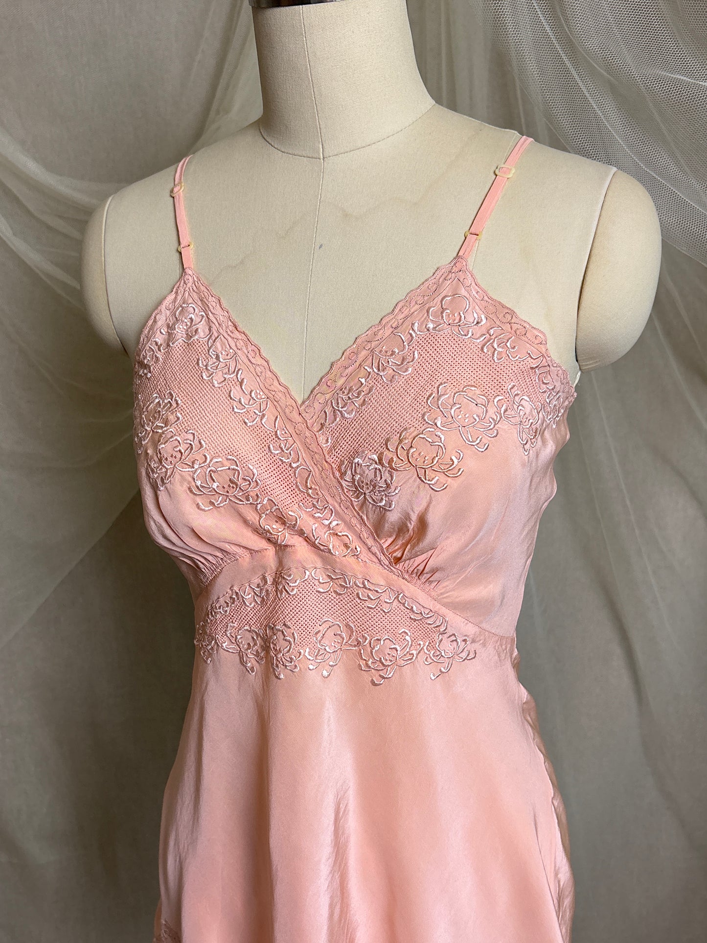 Vintage 1930's Teddy Chemise - Hand Stitched Blush Pink Silk with Raised Floral Embroidery by HWA Sun | XS