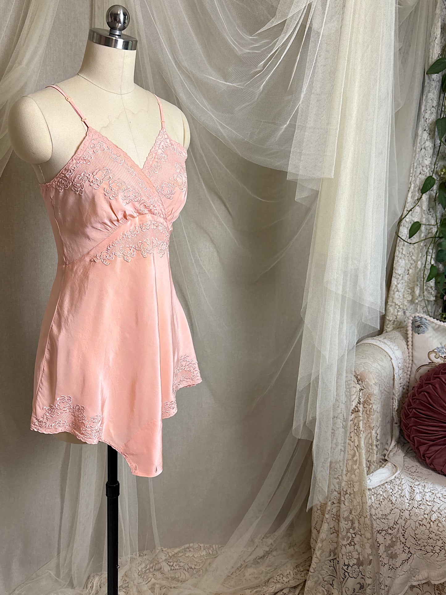 Vintage 1930's Teddy Chemise - Hand Stitched Blush Pink Silk with Raised Floral Embroidery by HWA Sun | XS