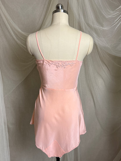 Vintage 1930's Teddy Chemise - Hand Stitched Blush Pink Silk with Raised Floral Embroidery by HWA Sun | XS