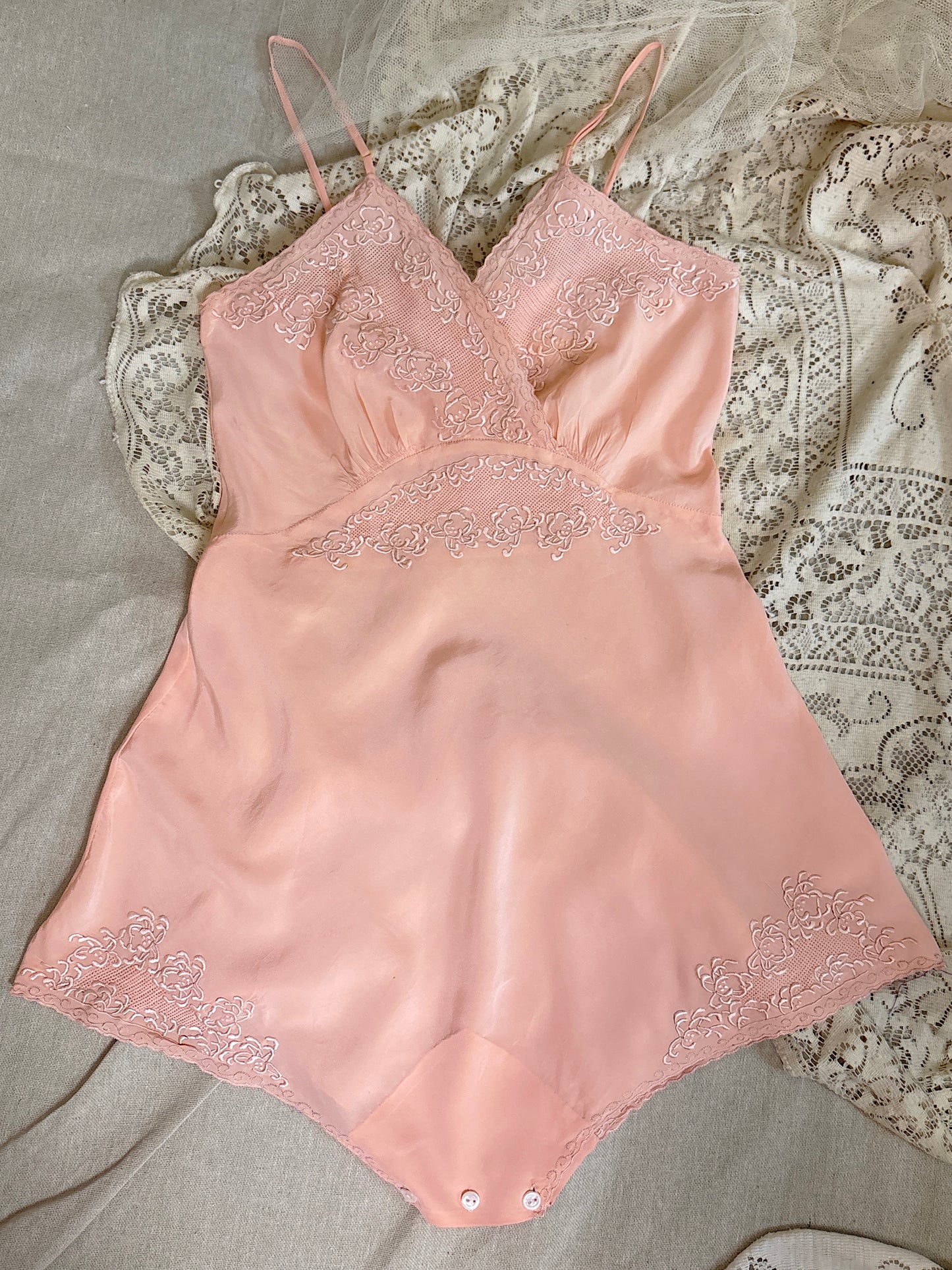 Vintage 1930's Teddy Chemise - Hand Stitched Blush Pink Silk with Raised Floral Embroidery by HWA Sun | XS